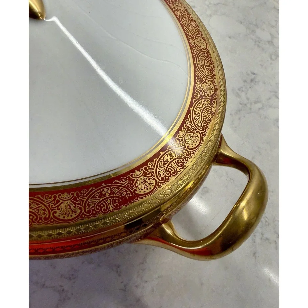 Antique B&C Limoges France Porcelain Soup Tureen Lidded Oval Red Gold Gilt 16765